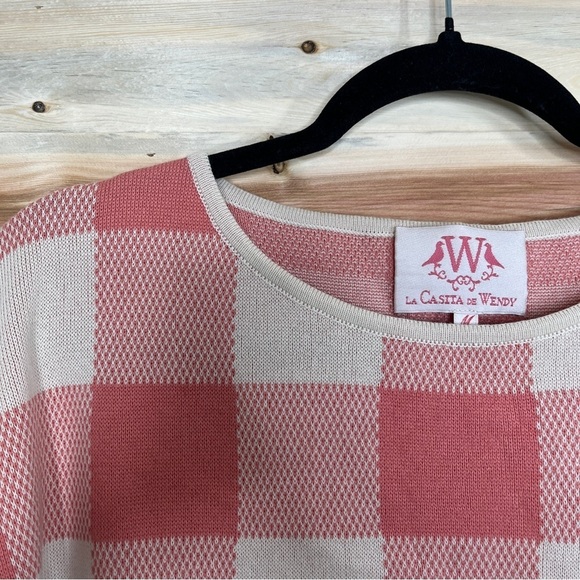 La Casita de Wendy pink and cream buffalo check box knit top - Picture 4 of 7